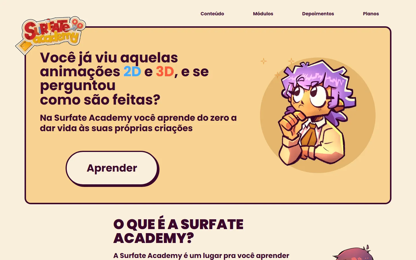 Página inicial da Surfate Academy, com ilustração de personagem e chamada para o curso de animação